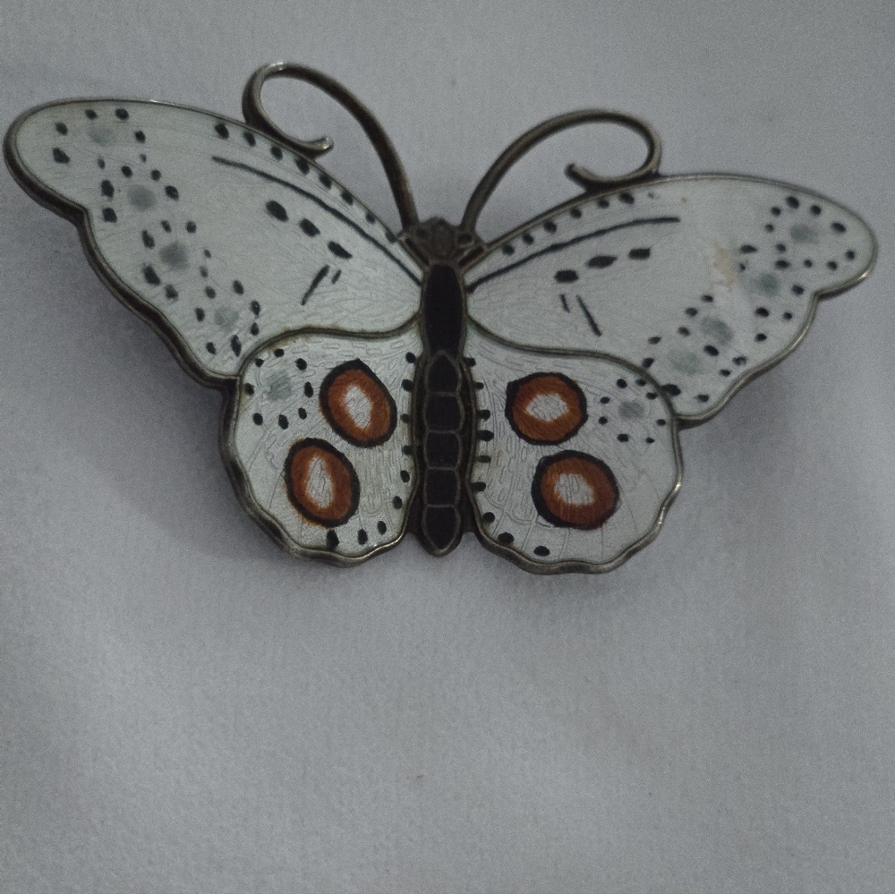 Vintage Hroar Prydz Norwegian Sterling Silver Enamel Butterfly Brooch